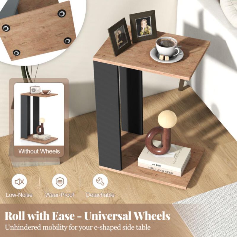 Hivvago 2-Tier C-Shaped Side Table with Universal Wheels and Shelf
