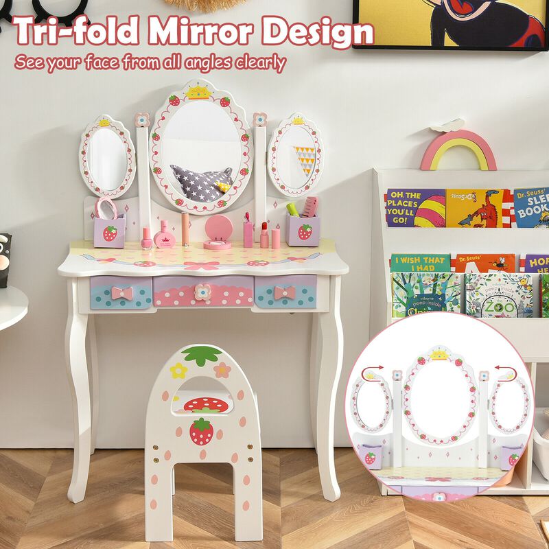 Kids Vanity Princess Makeup Dressing Table Chair Set with Tri-fold Mirror