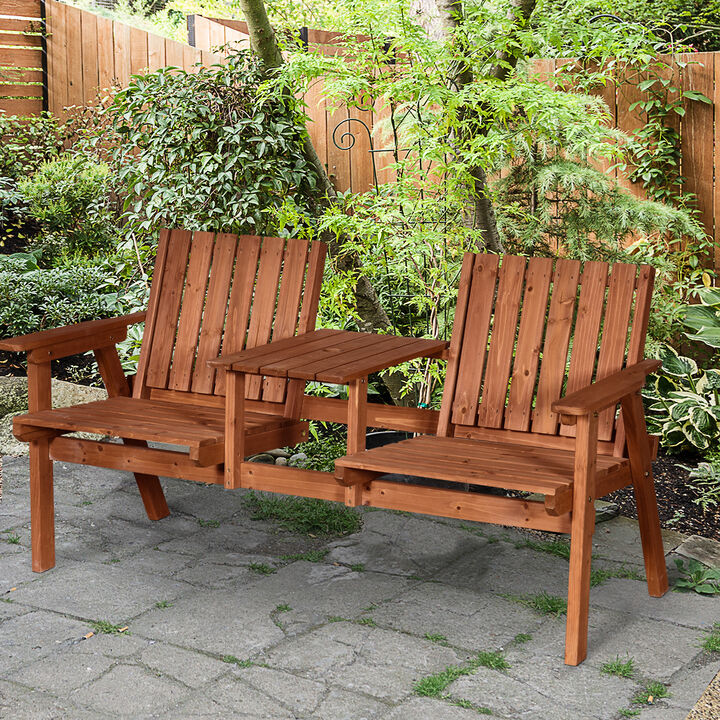 Hivvago Wooden Outdoor Patio Bench with Umbrella Hole and Table