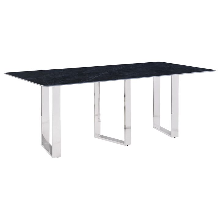 Eden Dining Table, Metal Base, Rectangular Gray Sintered Stone 79 Inch - Benzara