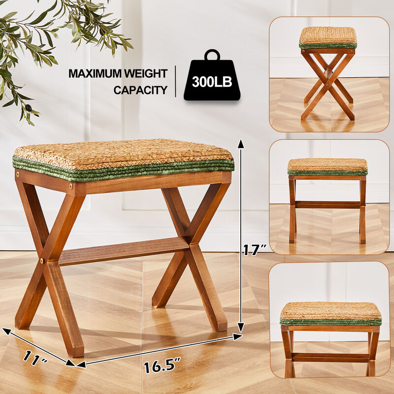 Handwoven Seagrass Ottoman, Rectangular Footrest with Sturdy X Wooden Legs For Living Room