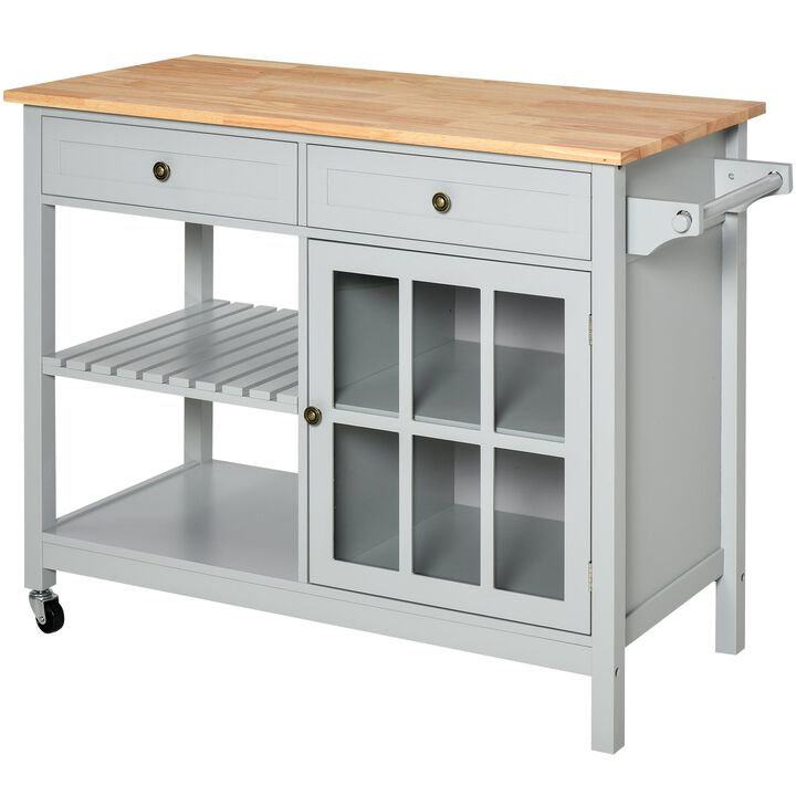 Kitchen Island Utility Storage Trolley Cart with Rubber Wood Top, Towel Rack, 2 Cabinets & Drawers for Dining Room, Grey