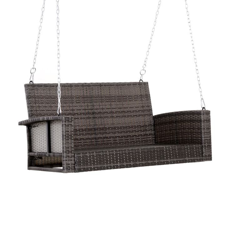 Hivvago Grey Tones Wicker Porch Swing 7ft Hanging Chain with Dark Grey Padded Cushion
