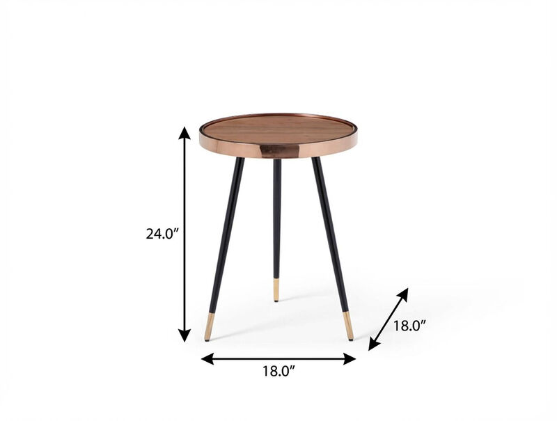 HomeRoots 24" Walnut Black And Rose Gold Wood and Stainless Steel Round End Table image number 5