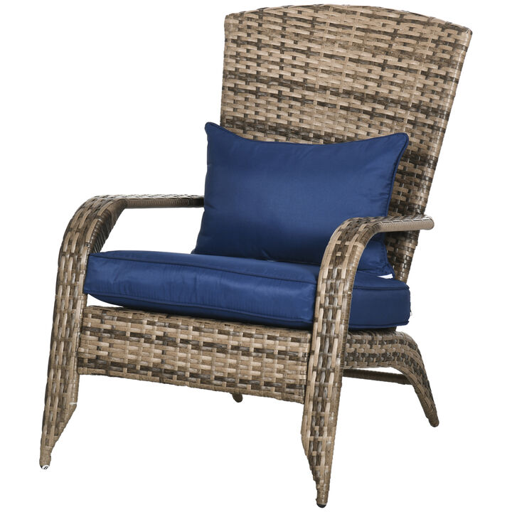 Outsunny Patio Wicker Adirondack Chair, Outdoor All-Weather Rattan Fire Pit Chair w/ Soft Cushions, Tall Curved Backrest and Comfortable Armrests for Deck or Garden, Dark Blue