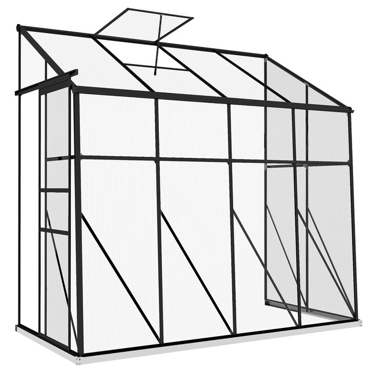 Outsunny 8' x 4' Lean-to Polycarbonate Greenhouse, Walk-in Hobby Green House with Sliding Door, 5-Level Roof Vent, Rain Gutter, Garden Plant Hot House with Aluminum Frame and Foundation, Black