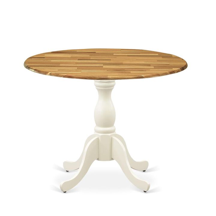 East West Furniture Dining Room Table with Drop Leaves - Natural Table Top and Linen White Pedestal Leg Finish