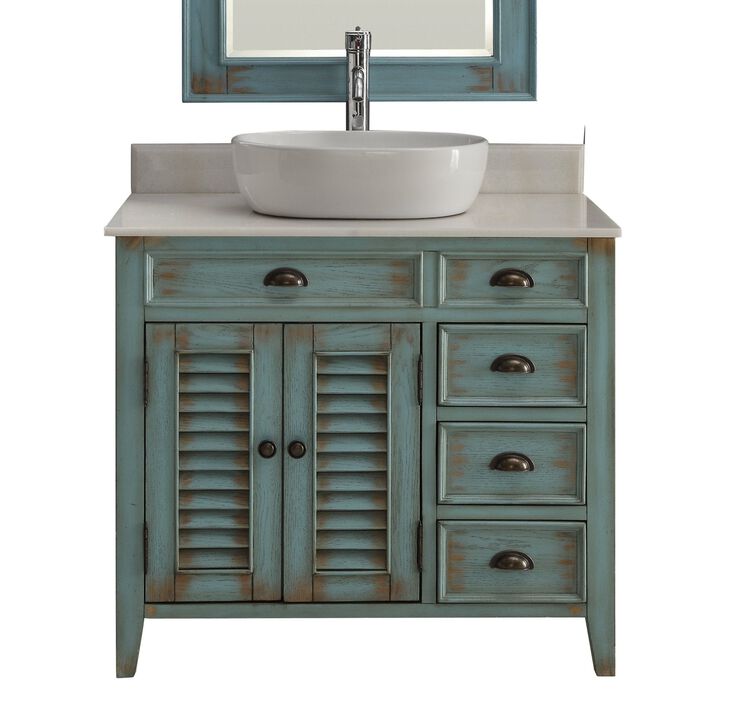 36 Inch Abbeville Farmhouse Style Distressed Blue Vessel Sink Bathroom Vanity
