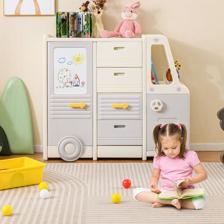 Bus Shaped Kids Toy Storage Cabinet with 4 Pull Out Drawers and Handles