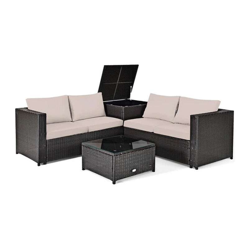 4 Pcs Rattan Patio Furniture Set with Cushions image number 0