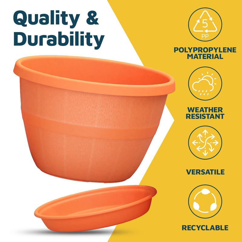 10-Inch Whiskey Barrel Planters Outdoor Pack of 5 - Durable Plastic Plant Pots for Indoor & Outdoor Use with Drainage & Saucer, Lightweight Rustic Barrel Planters for Flowers, Herbs & Small Plants image number 5