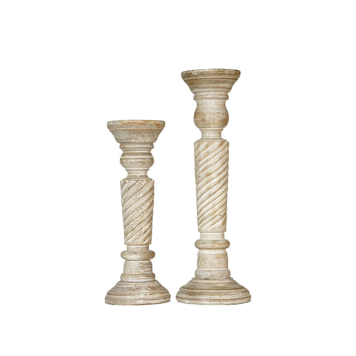 BBH Homes Traditional Antique White Eco-friendly Handmade Mango Wood Set Of Two 12" & 15" Pillar Candle Holder