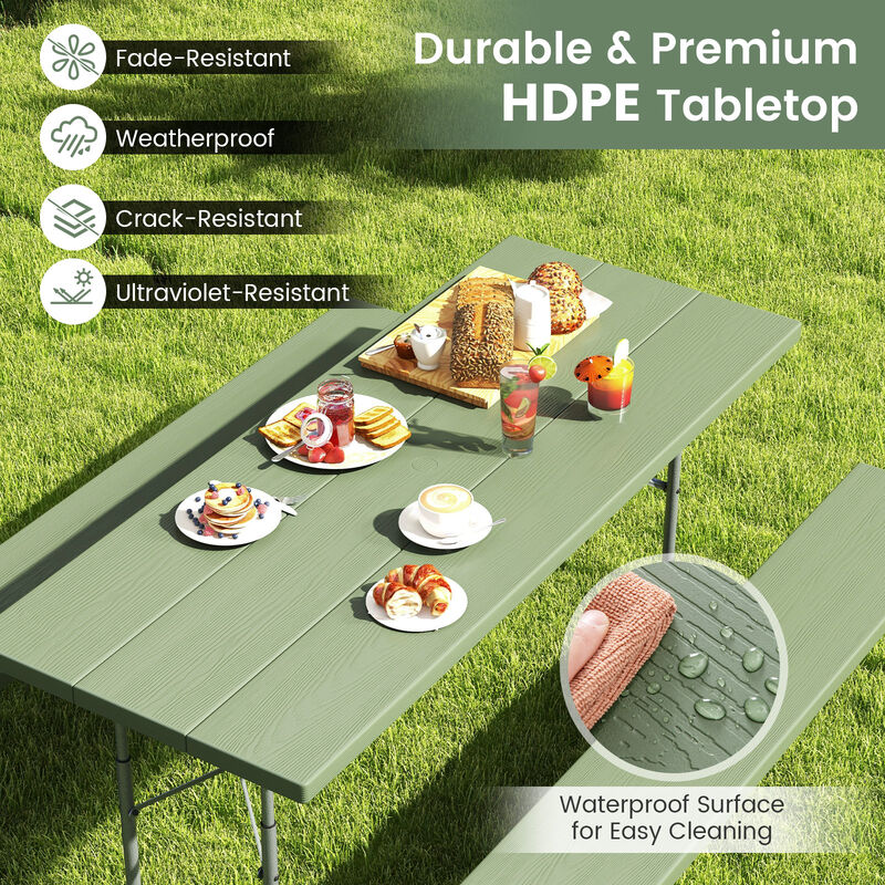 Folding Picnic Table Set with Metal Frame, All-Weather HDPE Tabletop, and Umbrella Hole