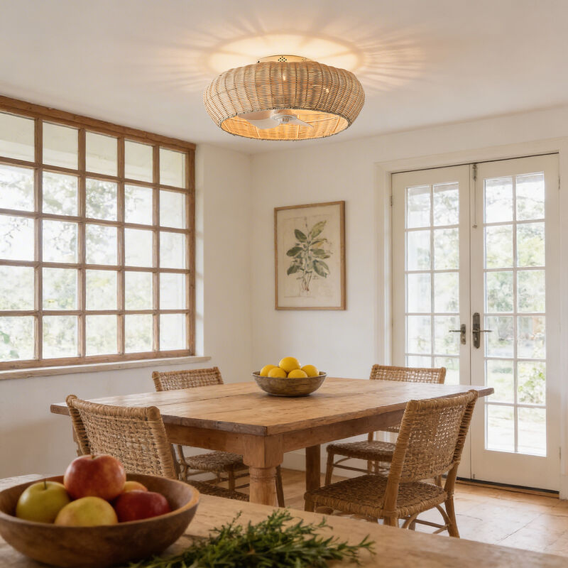 19.7" Bohemian Handwoven Rattan Caged Antique White Reversible Ceiling Fan with Light and Remote image number 3