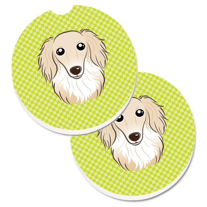 Caroline's Treasures Checkerboard Lime green Longhair Creme Dachshund Set of 2 Cup Holder Car Coasters BB1274CARC, 2.56, Multicolor