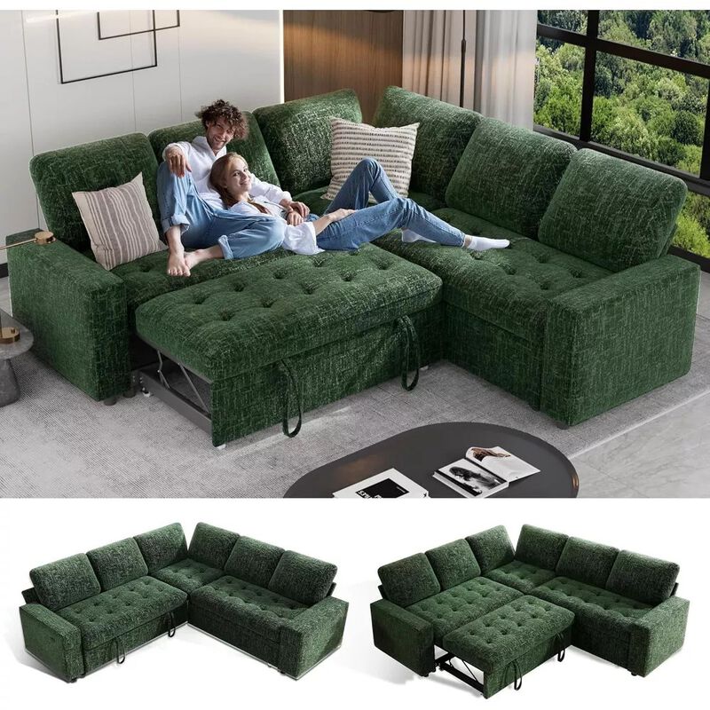 Vipbear 79" 5-Seat L-Shaped Sectional Sleeper Sofa Bed, Chenille Pull-Out Couch with Backrest image number 9