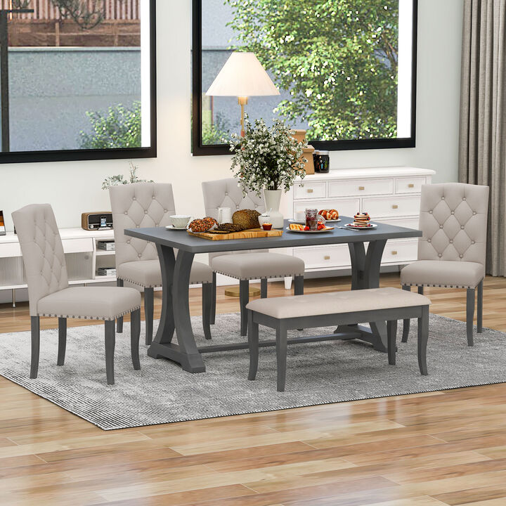 6-Piece Farmhouse Dining Table Set, Rectangular Trestle Table and 4 Upholstered Chairs & Bench for Dining Room (Antique Gray)