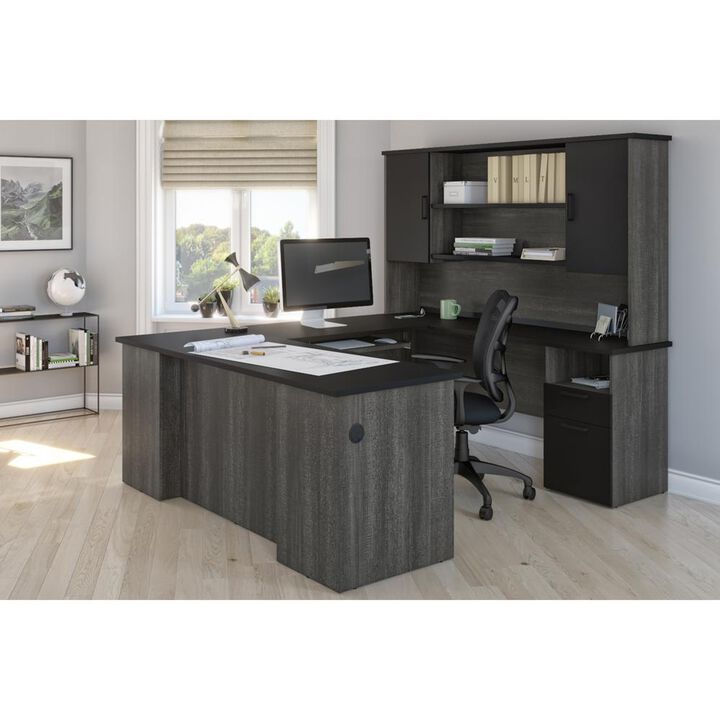 Bestar Norma Norma U-shaped workstation with hutch - Black & Bark Gray