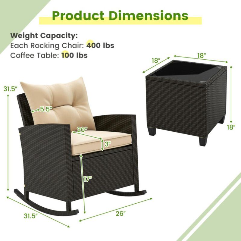 Hivvago 3-Piece Patio Rattan Roker Chairs with Tempered Glass Table and Soft Cushions image number 2