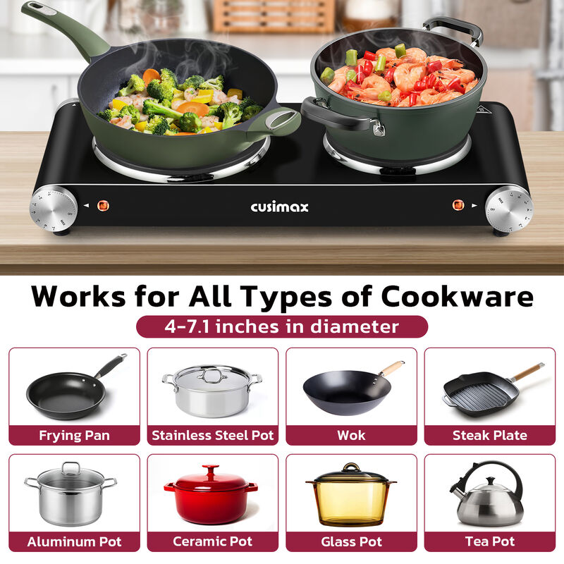Cusimax 1800W Stainless Steel Electric Hot Plate, Portable Electric Stove, Double Burner for Cooking, Countertop Cooktop image number 3