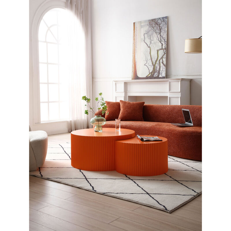 31.5inch Nesting table set of 2 Round and Half Moon Shapes, No Need Assembly, Bright Orange,for Living room, Office, Any Leisure Area