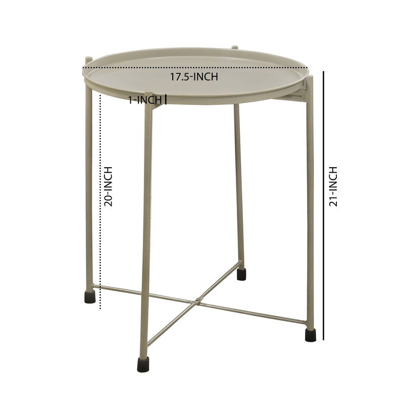 18 Inch Modern Side End Table, Round Metal Tray Top, Foldable Legs, Beige - Benzara