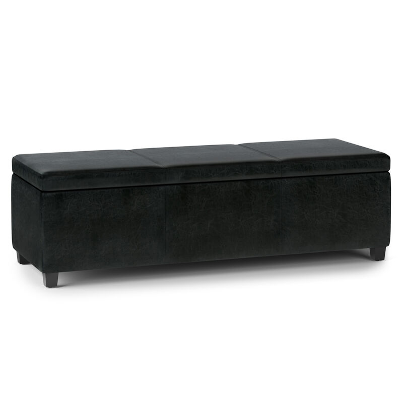 Avalon Extra Large Storage Ottoman Bench in Midnight Black Faux Leather