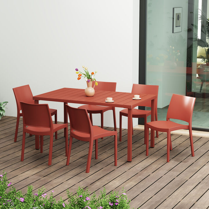 WestinTrends 7-Piece Outdoor Rectangular Metal Patio Dining Table Set With Stackable Resin Patio Side Chairs