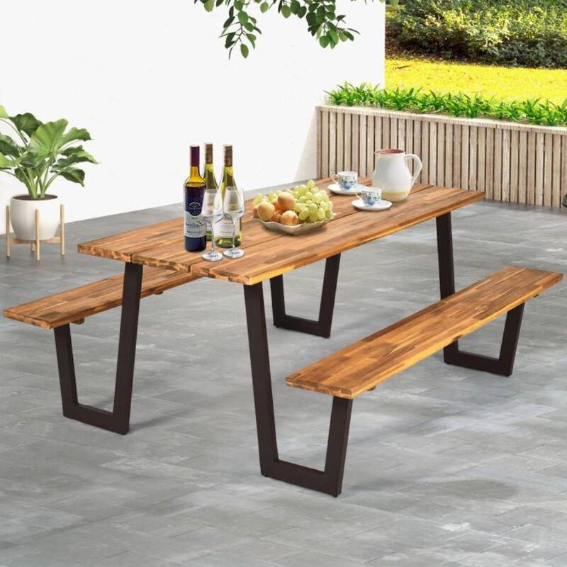 Hivvago Modern Wooden Picnic Table with 2 Benches Outdoor Patio Dining Set