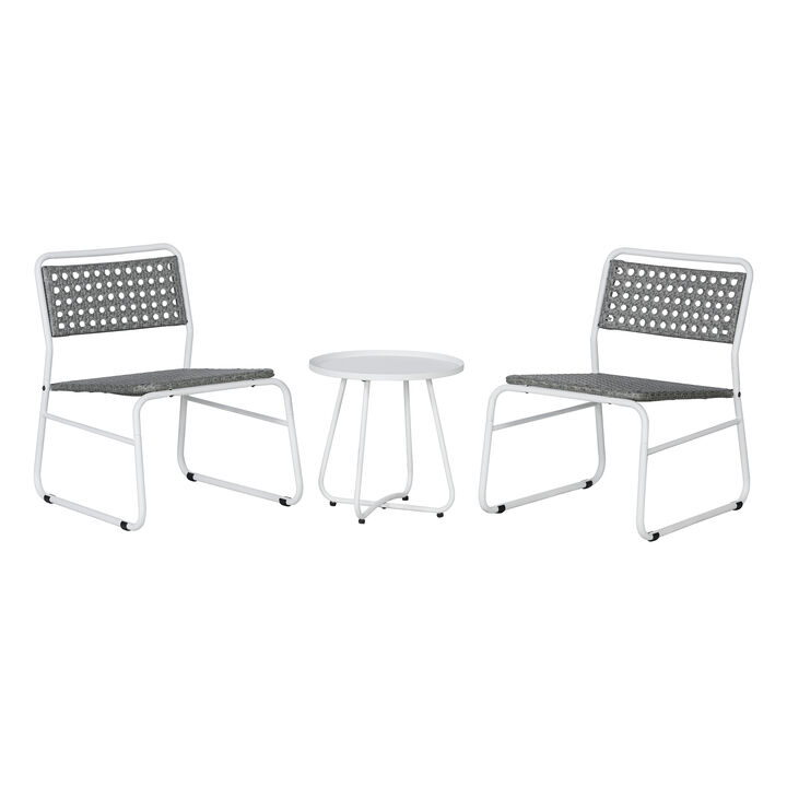 Freja 3-Piece Mid-Century Modern Faux Rattan Conversation Outdoor Patio Set, White/Gray