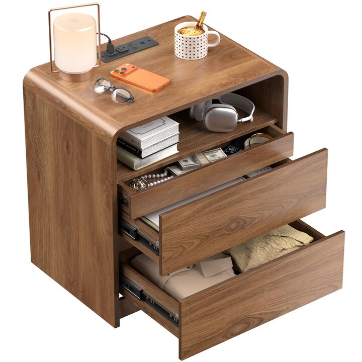 23.8" Tall Nightstand with Hidden Drawer, Charging Station, Curved Wood Side Table