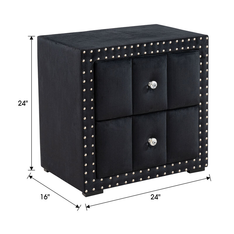 24" Contemporary Black 2-Drawer Nailhead Trim Nightstand End Table