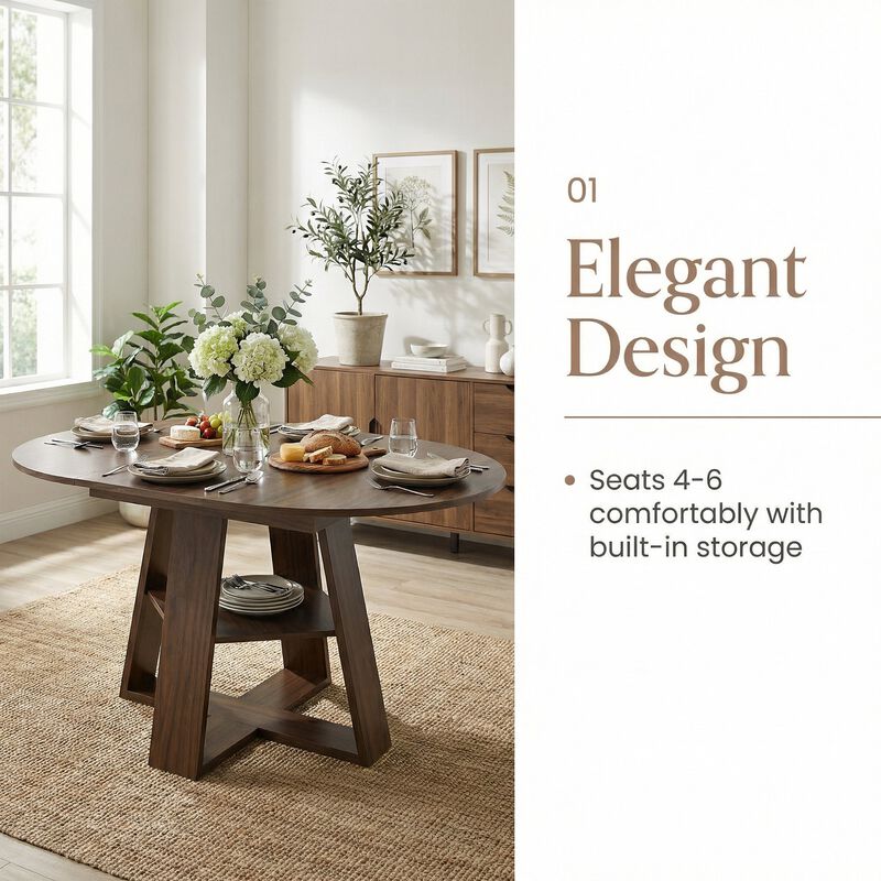 Extendable Round Dining Table for 4-8 People with Storage Shelf image number 2