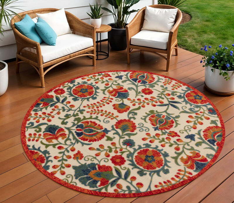 HomeRoots 8' Red Gold Teal Blue And Green Round Floral Indoor Outdoor Area Rug image number 1