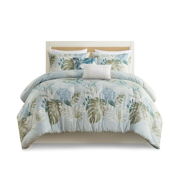 Gracie Mills Romero Coastal Haven 6-Piece Oversized Cotton Comforter Set with Throw Pillow