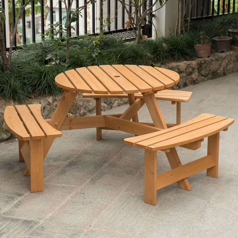 Wooden Outdoor Round Picnic Table with Bench for Patio, 6- Person with Umbrella Hole - Stained