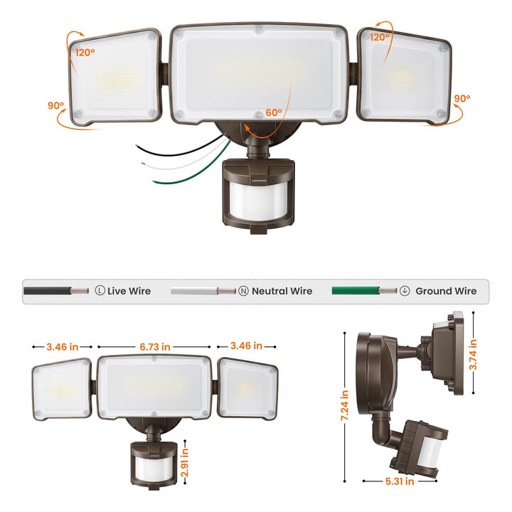 LEPOWER LED Security Light, Motion Sensor Outdoor Lights, 38W 4200LM | 72 FT Range, IP65 Waterproof, 180&deg; Motion Sensor, 5500K, 3 Head Flood Light