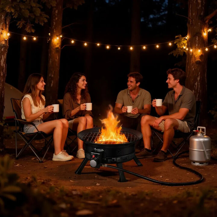 Portable Gas Fire Pit 53000 BTU with Folding Legs Grill Grate for Patio Camping Deck-Black