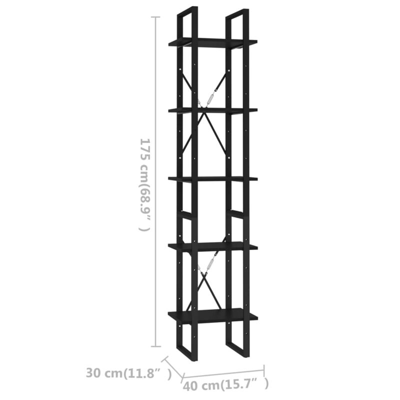 vidaXL 5-Tier Book Cabinet Black 15.7" x 11.8" x 69.9" Chipboard