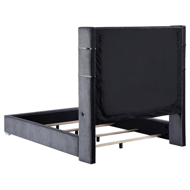 Caro Queen Bed, Wingback Panel w LED Flame, Gray Corduroy Upholstery