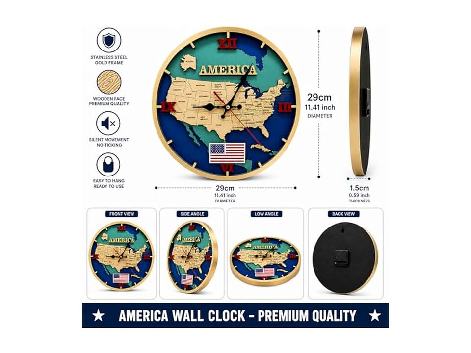 Wooden Map Handcrafted Layer Laser Cut Wall Clock 4 Inch Silent Non Ticking Wood