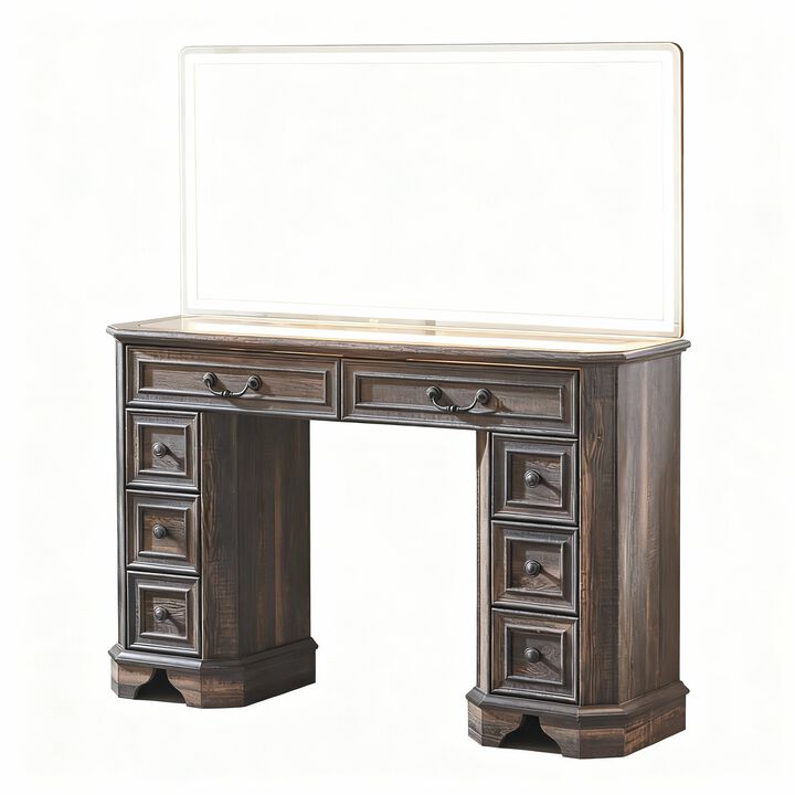 48" LED Vanity Desk with Mirror, 3-Light Modes, 8 Drawers, Glass Top, USB Charging