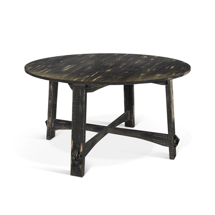 Rena Dining Table, 54 Inch Round Planked Black Smoke Mahogany Wood - Benzara