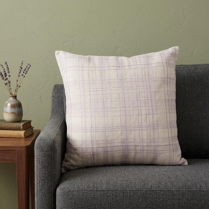 HomeRoots 20" Ivory Check Cotton Blend Throw Pillow With Embroidery