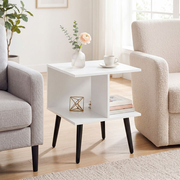 Modern 2-Tier End Table with 2 Storage Compartments and Sturdy Metal Legs-White