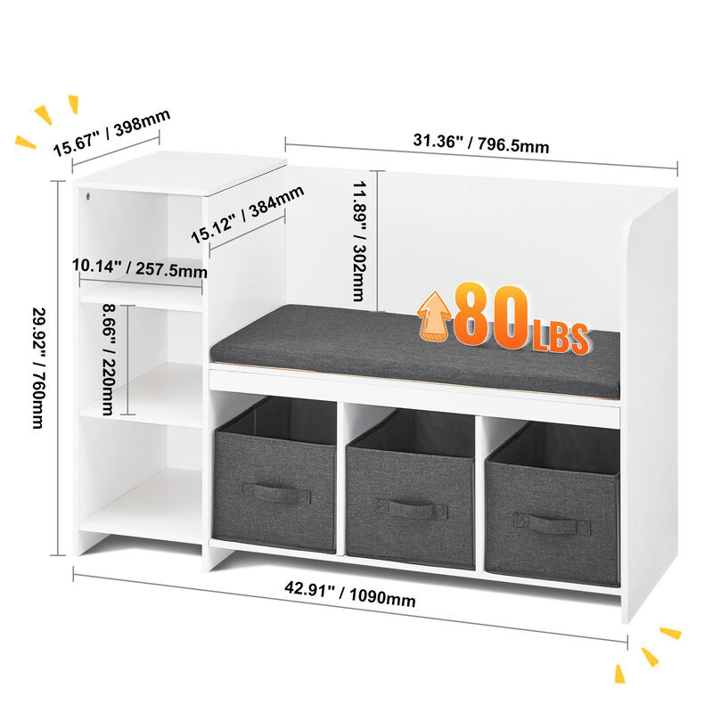 Kids Reading Nook Bench with 6 Cubby Storage Drawers and Detachable Seat Cushion