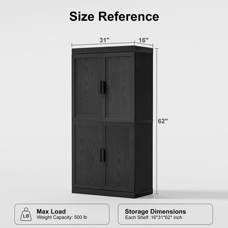 62"x31"x16" Modern Black Wooden Storage Cabinet - 6 Tier Organizer with Four Doors image number 7