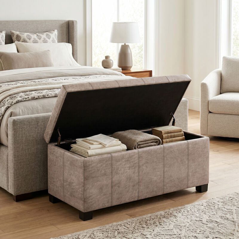 Dover 36 inch Wide Contemporary Rectangle Storage Ottoman Bench in Distressed Grey Taupe Vegan Faux Leather, Assembled image number 2