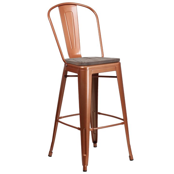 Flash Furniture 30" High Copper Metal Barstool with Back and Wood Seat