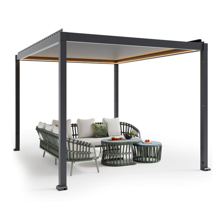 Mondawe 10 ft. x 13 ft. Gray Aluminum Louvered Pergola with Motorized Roof and Integrated LED Lights